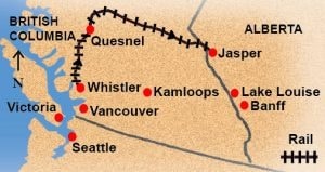 Vancouver to Jasper Via Whistler train route