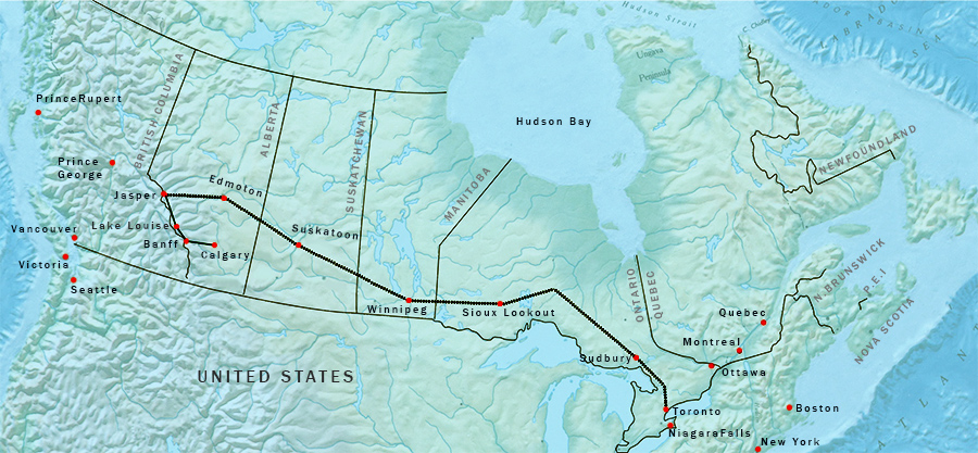 VIA RAIL MAP- Tortonto to Jasper and Canadian Rockies