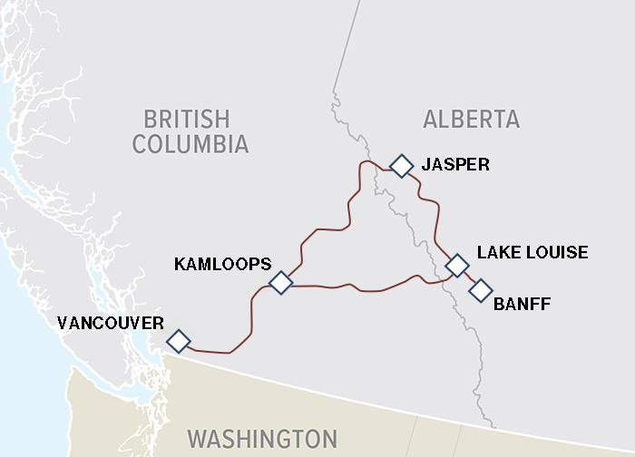 Map of Vancouver to Banff Canadian Rockies roundtrip tour visiting Jasper, Banff, Lake Louise
