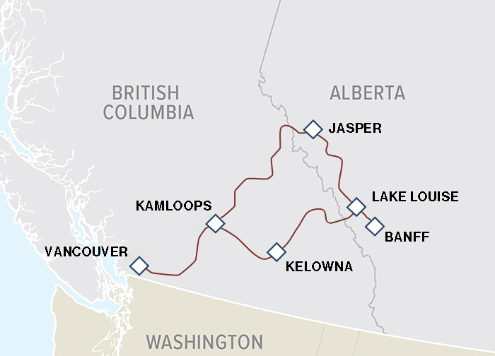 Circle tour between Vancouver and Canadian Rockies, visiting Jasper, Banff, Lake Louise, Kelowna