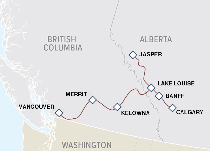 Calgary/Edmonton to Vancouver bus tour, visiting Jasper, Banff, Lake Louise, Kelowna