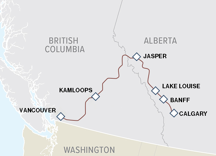 Vancouver to Calgary Bus Tour Map