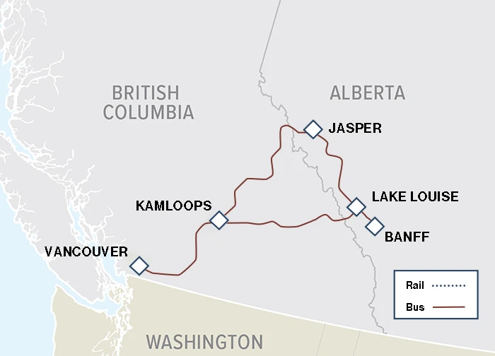 Map of our 4-day Canadian Rockies, Vancouver to Banff bus tour