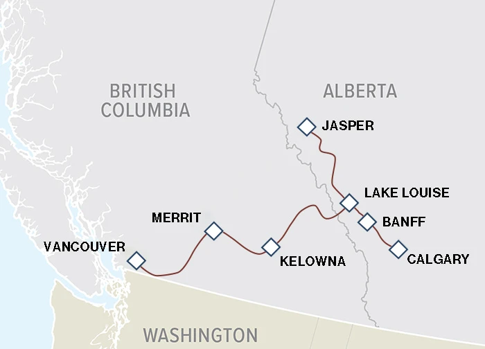 Map of Banff to Kelowna bus tour, visiting Jasper, Lake Louise, and Okanagan