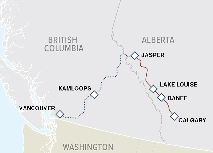 Map of Vancouver to Calgary Tour, by Via Rail and Bus