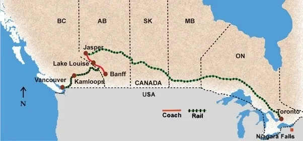 Map of the Via Rail and Rocky Mountaineer tour offered by Key West Travel and Tours