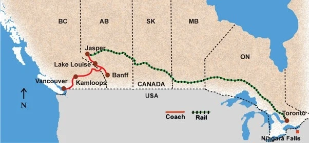 Map of Toronto to Vancouver VIA train + bus route