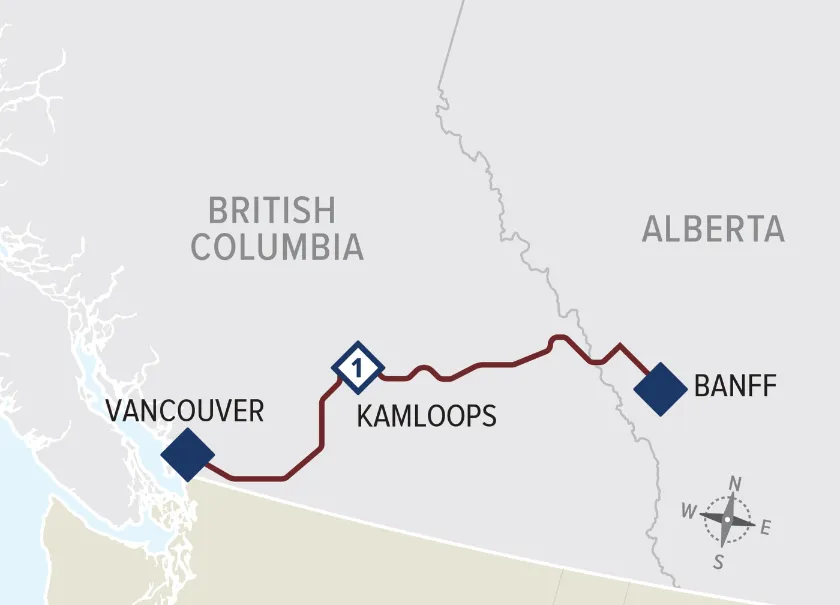 Map of Rocky Mountaineer 2-day train from Vancouver and Banff