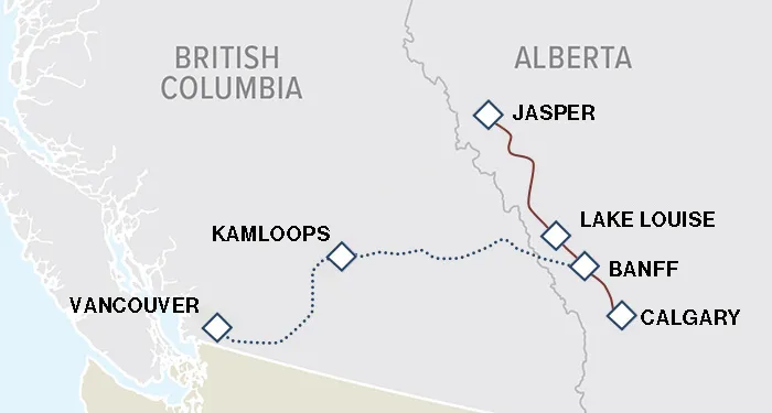 Map showing key stops on 6-day Canadian Rockies, Mountain Explorer tour from Calgary to Vancouver