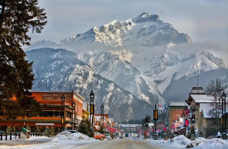 Banff townsite covered in snow during the winter