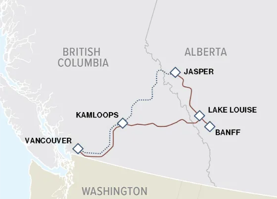 Map showing key stops on 5-day Canadian Rockies, Grand Circle tour