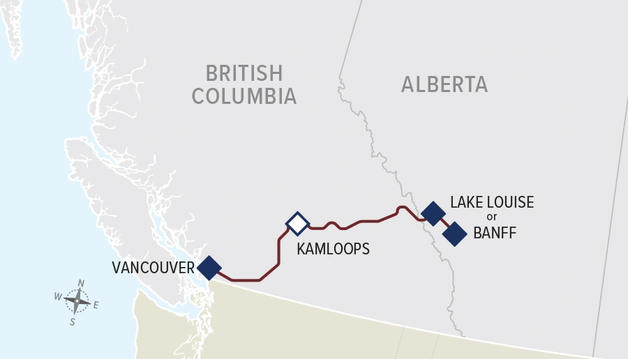 a map of canada with the Rocky Mountaineer route: First Passage to the West