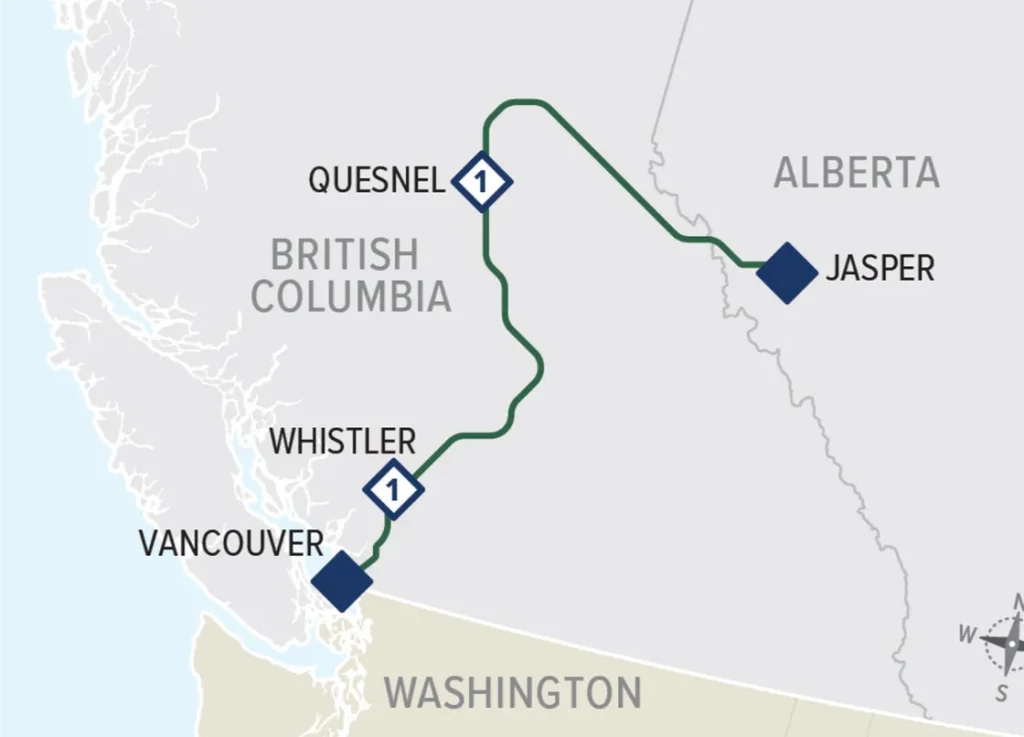 Jasper to Vancouver 3 day train, with stops in Whistler and Quesnel.