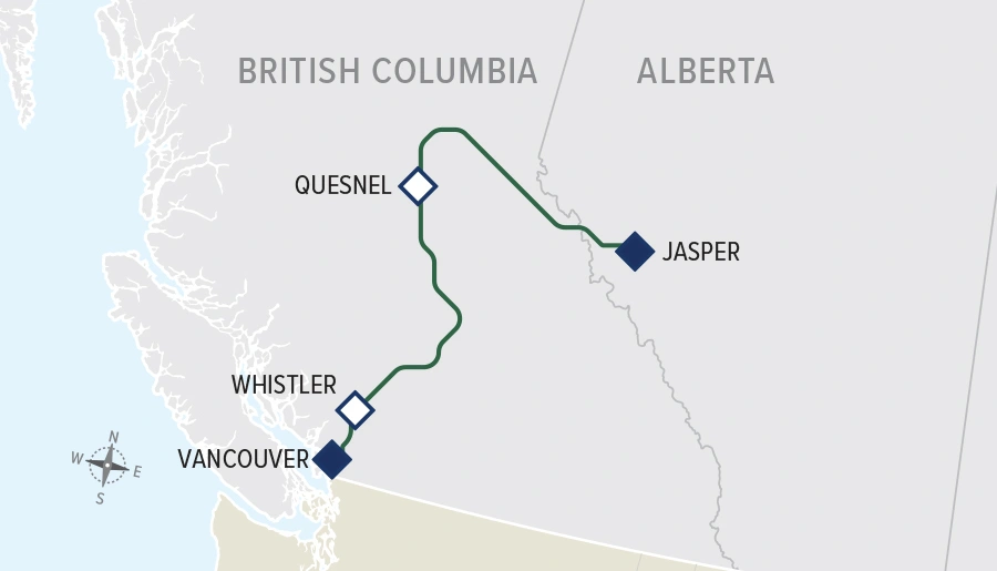 A map of canada with the Rocky Mountaineer route: Rainforest to Goldrush