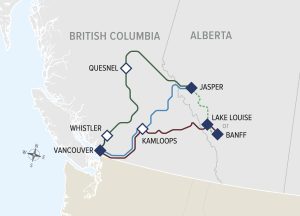 Map of Rocky Mountaineer routes: Jasper, Banff, Lake Louise, Whistler
