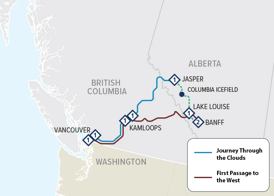 Map showing Rocky Mountaineer routes from Vancouver and the Rockies