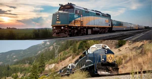 Via rail train image on top of a rocky mountaineer image