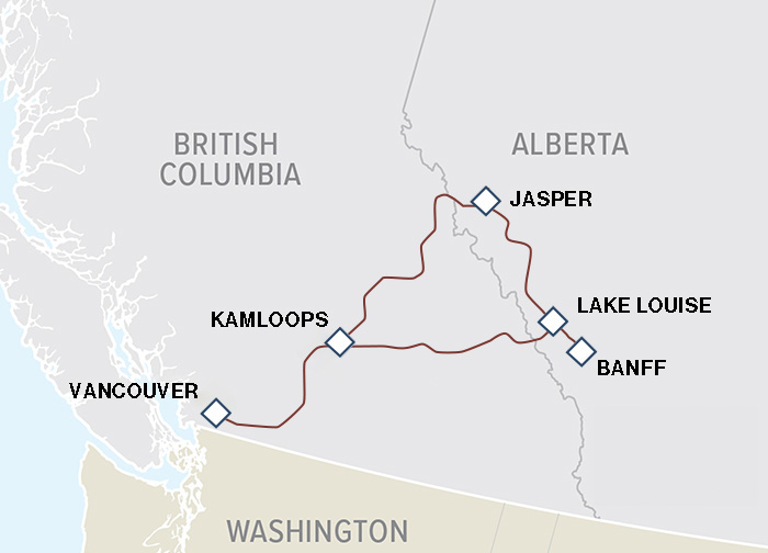 Map Showing route from Vancouver to Jasper, through the Rockies, and ending in Vancouver