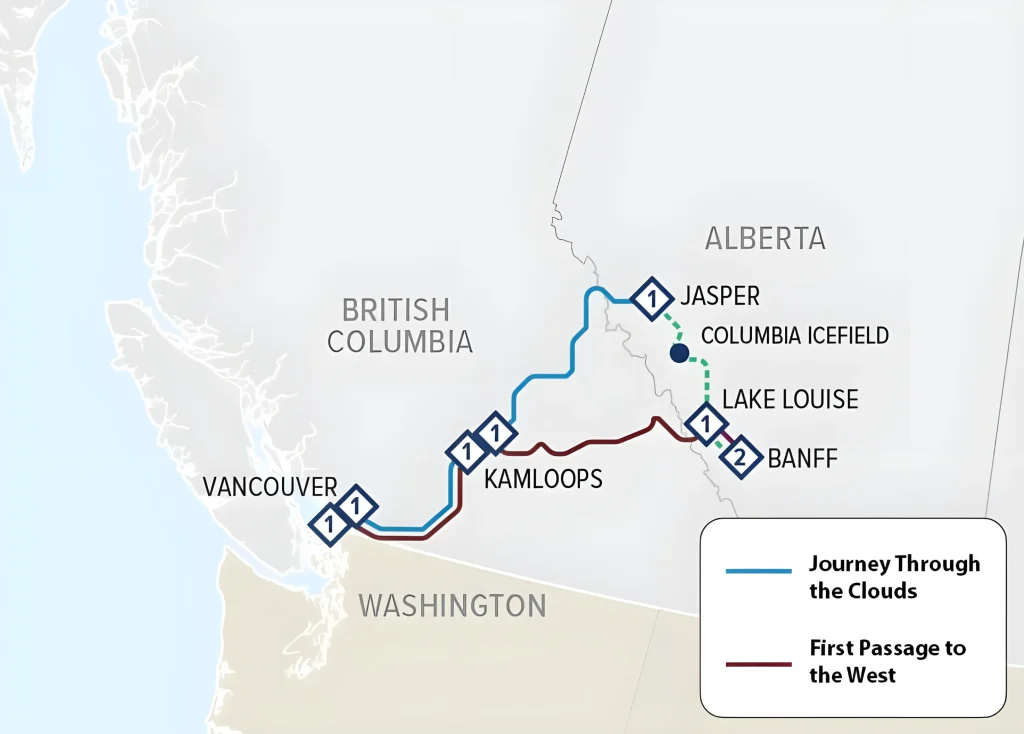 Rocky Mountaineer train routes from Vancouver to Banff and Jasper