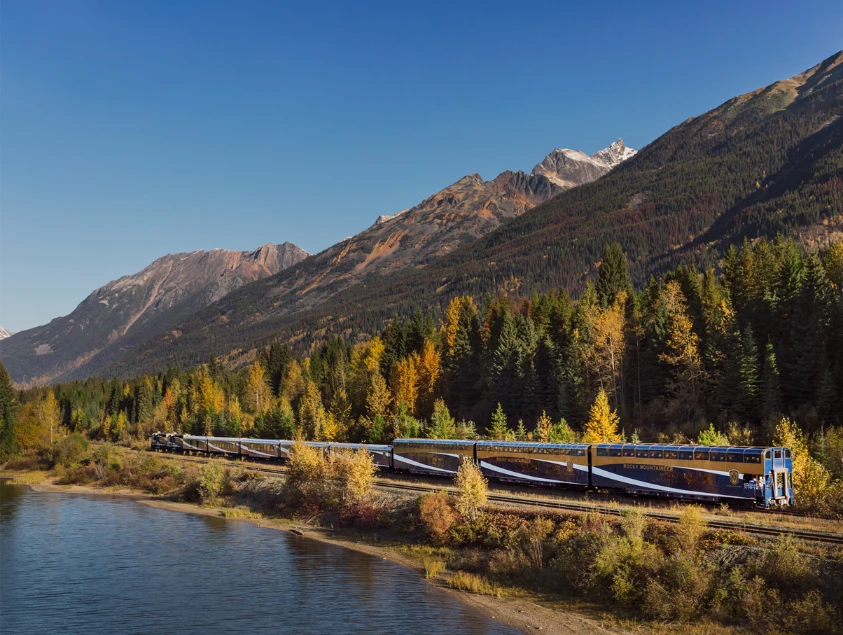 Rocky Mountaineer winding through the multi-colored forest during the autumn.