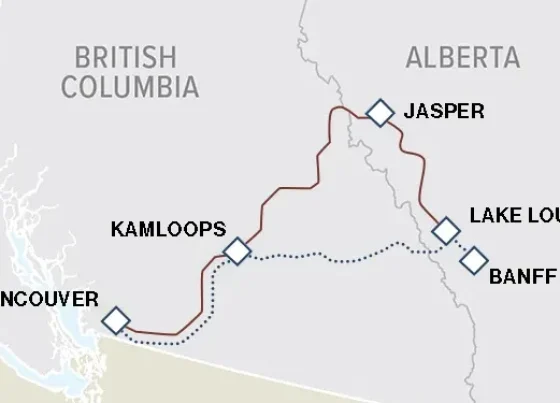 Map showing key stops on 6-day Canadian Rockies, Valleys & Peaks Circle tour