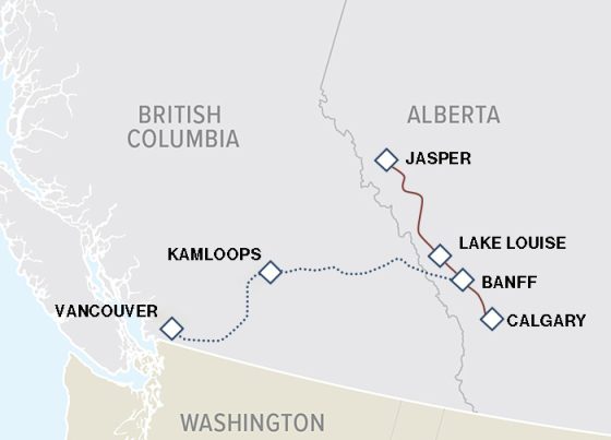 Map showing key stops on 6-day Canadian Rockies, Mountain Explorer tour from Calgary to Vancouver