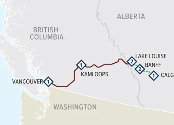Map showing key stops on Southern Rail Excursion through the Rockies - Vancouver to Calgary