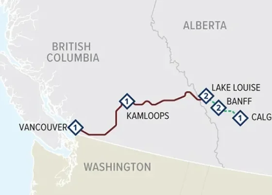 Map_Rockies-Southern-Rail-Excursion Map showing key stops on Southern Rail Excursion through the Rockies - Vancouver to Calgary
