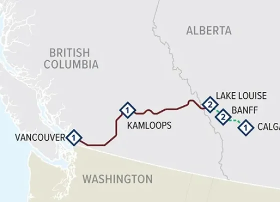 Map showing key stops on First Passage To The West Discovery