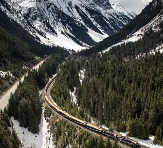 Exterior of Rocky Mountaineer Train travelling along Stoney Creek.
